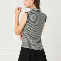 Allegra K Women's Bow Tie Neck Ruffle Trim Sleeveless Gingham Office Shirt Blouse