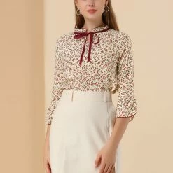 Allegra K Women's 3/4 Bell Sleeve Frill Tie Mock Neck Floral Top Blouse