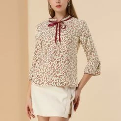 Allegra K Women's 3/4 Bell Sleeve Frill Tie Mock Neck Floral Top Blouse