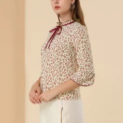 Allegra K Women's 3/4 Bell Sleeve Frill Tie Mock Neck Floral Top Blouse