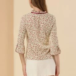 Allegra K Women's 3/4 Bell Sleeve Frill Tie Mock Neck Floral Top Blouse