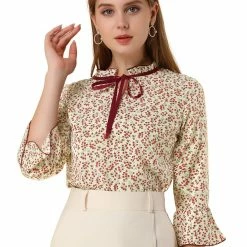 Allegra K Women's 3/4 Bell Sleeve Frill Tie Mock Neck Floral Top Blouse