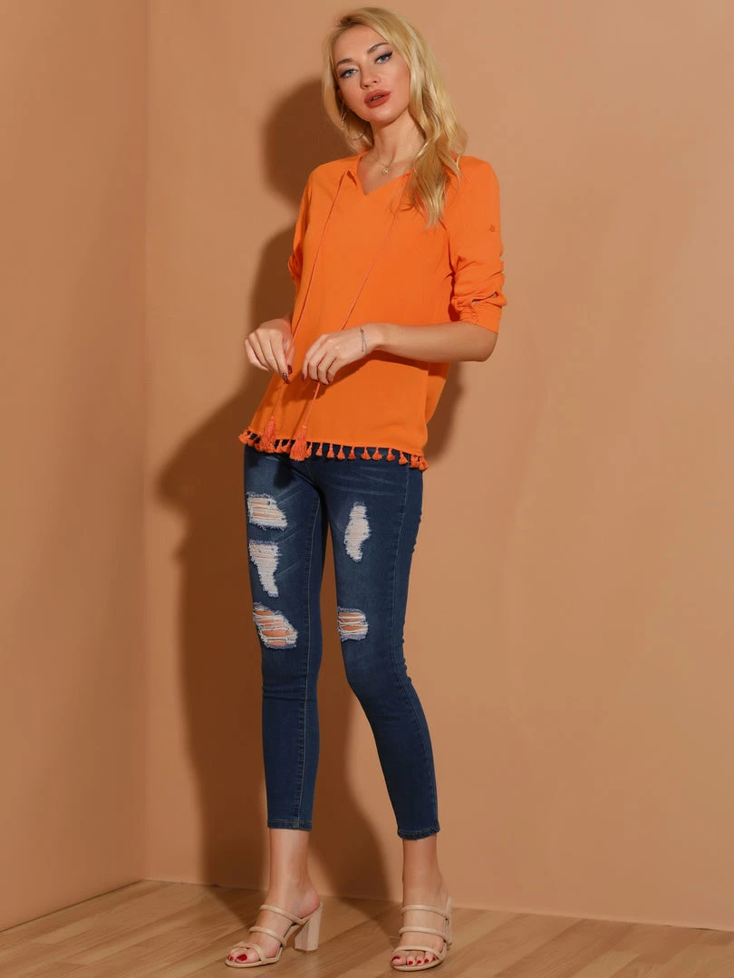 Allegra K Women's Textured Cotton Boho Tie Neck Long Sleeve Apricot Sunset Sorbet Tassel Tunic 5 Allegra K Women's Textured Cotton Boho Tie Neck Long Sleeve Apricot Sunset Sorbet Tassel Tunic