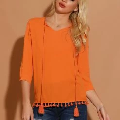 Allegra K Women's Textured Cotton Boho Tie Neck Long Sleeve Apricot Sunset Sorbet Tassel Tunic 12 Allegra K Women's Textured Cotton Boho Tie Neck Long Sleeve Apricot Sunset Sorbet Tassel Tunic