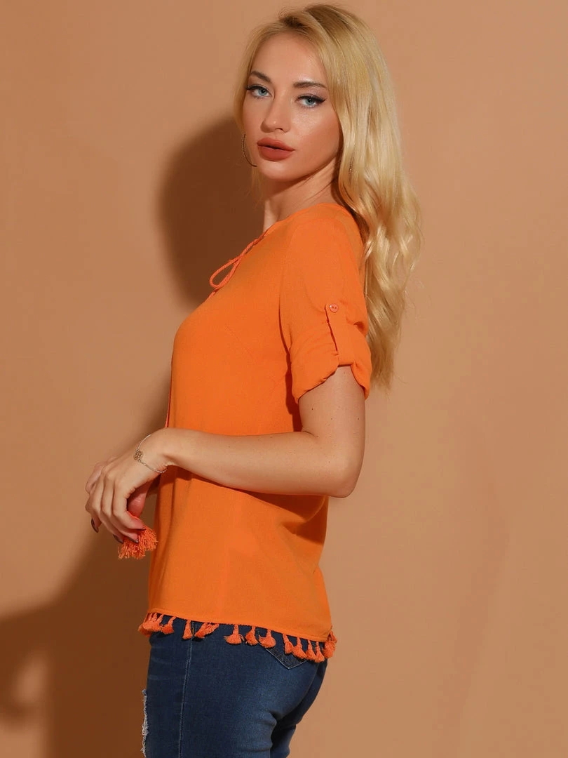 Allegra K Women's Textured Cotton Boho Tie Neck Long Sleeve Apricot Sunset Sorbet Tassel Tunic 7 Allegra K Women's Textured Cotton Boho Tie Neck Long Sleeve Apricot Sunset Sorbet Tassel Tunic