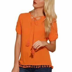 Allegra K Women's Textured Cotton Boho Tie Neck Long Sleeve Apricot Sunset Sorbet Tassel Tunic