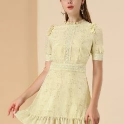 Allegra K Women's Dots Fit And Flare Ruffle Hem Floral Lace-Inset Mini Dress 32 Allegra K Women's Dots Fit And Flare Ruffle Hem Floral Lace-Inset Mini Dress