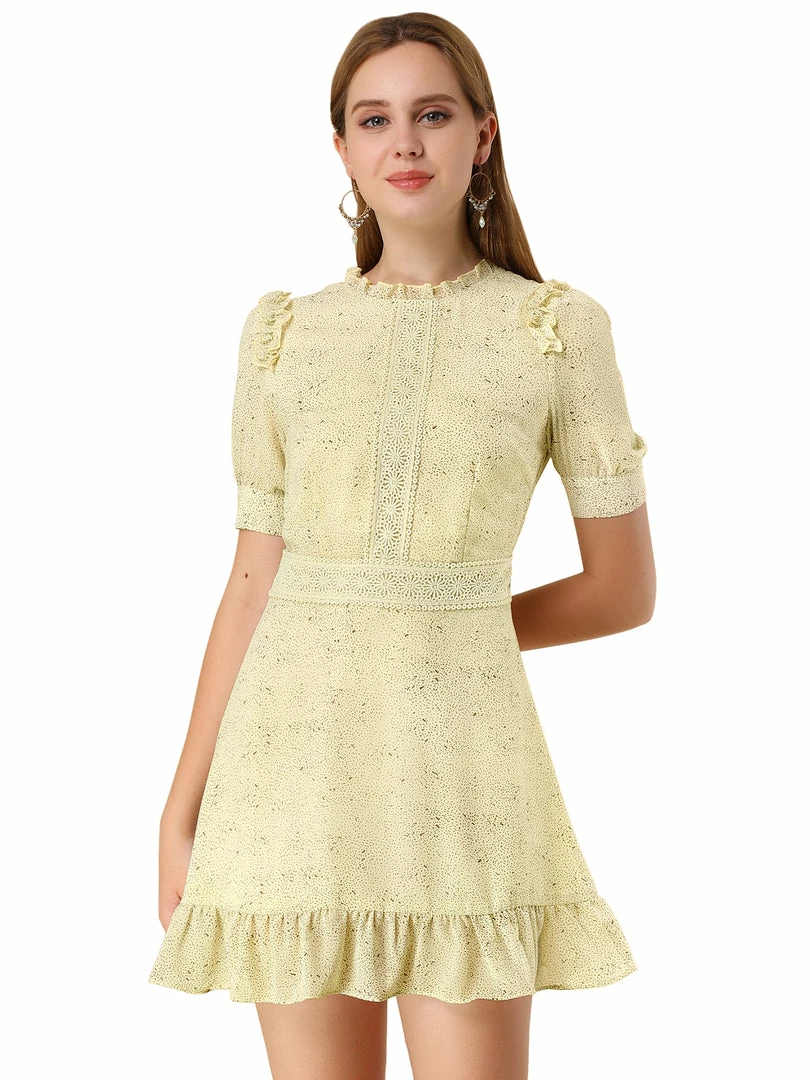 Allegra K Women's Dots Fit And Flare Ruffle Hem Floral Lace-Inset Mini Dress 4 Allegra K Women's Dots Fit And Flare Ruffle Hem Floral Lace-Inset Mini Dress