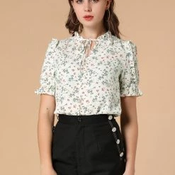 Allegra K Women's Ruffle Short Sleeve Casual Tie Neck Floral Top Blouse 11 Allegra K Women's Ruffle Short Sleeve Casual Tie Neck Floral Top Blouse