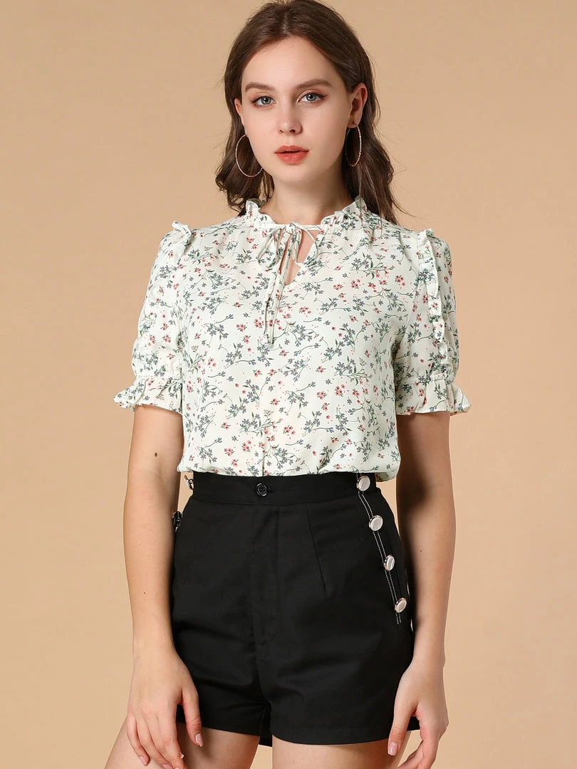 Allegra K Women's Ruffle Short Sleeve Casual Tie Neck Floral Top Blouse 5 Allegra K Women's Ruffle Short Sleeve Casual Tie Neck Floral Top Blouse