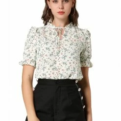 Allegra K Women's Ruffle Short Sleeve Casual Tie Neck Floral Top Blouse 12 Allegra K Women's Ruffle Short Sleeve Casual Tie Neck Floral Top Blouse