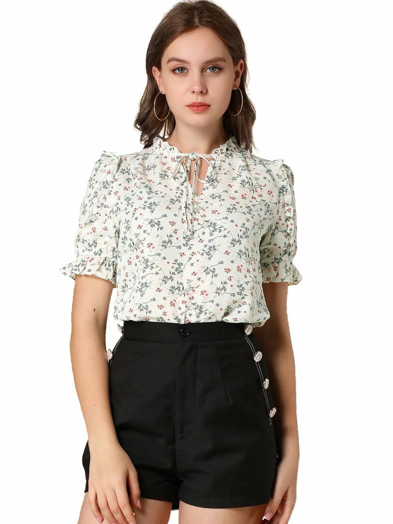 Allegra K Women's Ruffle Short Sleeve Casual Tie Neck Floral Top Blouse 6 Allegra K Women's Ruffle Short Sleeve Casual Tie Neck Floral Top Blouse