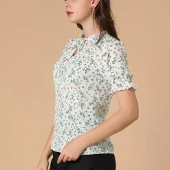 Allegra K Women's Ruffle Short Sleeve Casual Tie Neck Floral Top Blouse 13 Allegra K Women's Ruffle Short Sleeve Casual Tie Neck Floral Top Blouse