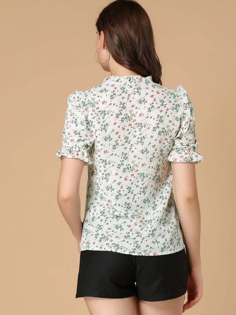 Allegra K Women's Ruffle Short Sleeve Casual Tie Neck Floral Top Blouse 8 Allegra K Women's Ruffle Short Sleeve Casual Tie Neck Floral Top Blouse