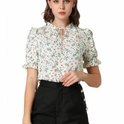 Allegra K Women's Ruffle Short Sleeve Casual Tie Neck Floral Top Blouse