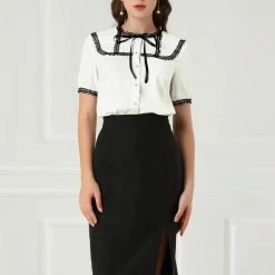 Allegra K Women's Short Sleeve Blouse Lace Panel Bow Tie Collar Button Down Shirt 11 Allegra K Women's Short Sleeve Blouse Lace Panel Bow Tie Collar Button Down Shirt