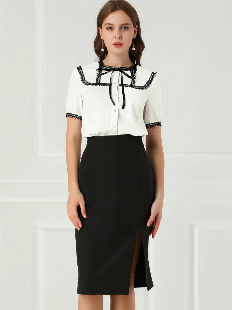 Allegra K Women's Short Sleeve Blouse Lace Panel Bow Tie Collar Button Down Shirt 5 Allegra K Women's Short Sleeve Blouse Lace Panel Bow Tie Collar Button Down Shirt