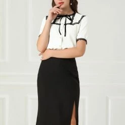 Allegra K Women's Short Sleeve Blouse Lace Panel Bow Tie Collar Button Down Shirt 12 Allegra K Women's Short Sleeve Blouse Lace Panel Bow Tie Collar Button Down Shirt