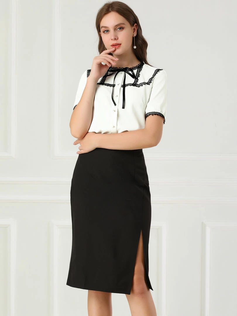 Allegra K Women's Short Sleeve Blouse Lace Panel Bow Tie Collar Button Down Shirt 6 Allegra K Women's Short Sleeve Blouse Lace Panel Bow Tie Collar Button Down Shirt