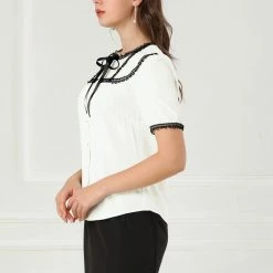 Allegra K Women's Short Sleeve Blouse Lace Panel Bow Tie Collar Button Down Shirt 13 Allegra K Women's Short Sleeve Blouse Lace Panel Bow Tie Collar Button Down Shirt