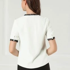 Allegra K Women's Short Sleeve Blouse Lace Panel Bow Tie Collar Button Down Shirt 14 Allegra K Women's Short Sleeve Blouse Lace Panel Bow Tie Collar Button Down Shirt