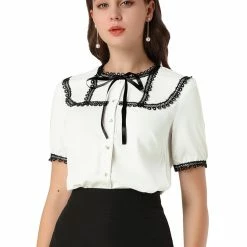 Allegra K Women's Short Sleeve Blouse Lace Panel Bow Tie Collar Button Down Shirt