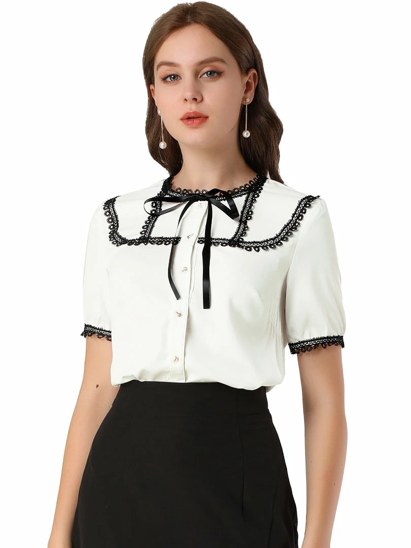 Allegra K Women's Short Sleeve Blouse Lace Panel Bow Tie Collar Button Down Shirt 4 Allegra K Women's Short Sleeve Blouse Lace Panel Bow Tie Collar Button Down Shirt