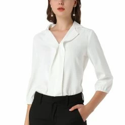 Allegra K Women's V Neck 3/4 Sleeves Collared Work Office Top Blouse