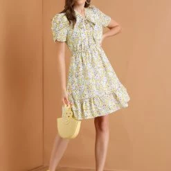 Allegra K Women's Ruffle Hem Fit And Flare Tie Neck Floral Dress