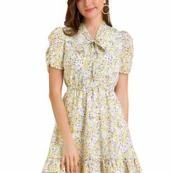 Allegra K Women's Ruffle Hem Fit And Flare Tie Neck Floral Dress