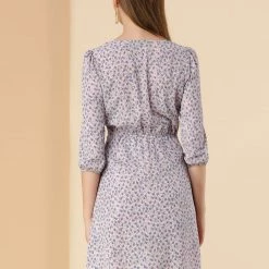 Allegra K Women’s Floral Printed V-Neck 3/4 Sleeve Ruffle Hem A-Line Dress