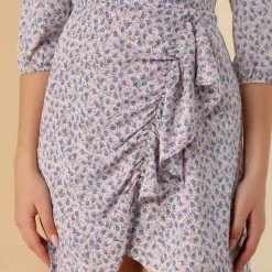 Allegra K Women’s Floral Printed V-Neck 3/4 Sleeve Ruffle Hem A-Line Dress