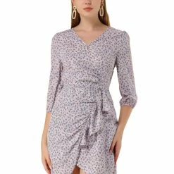 Allegra K Women’s Floral Printed V-Neck 3/4 Sleeve Ruffle Hem A-Line Dress