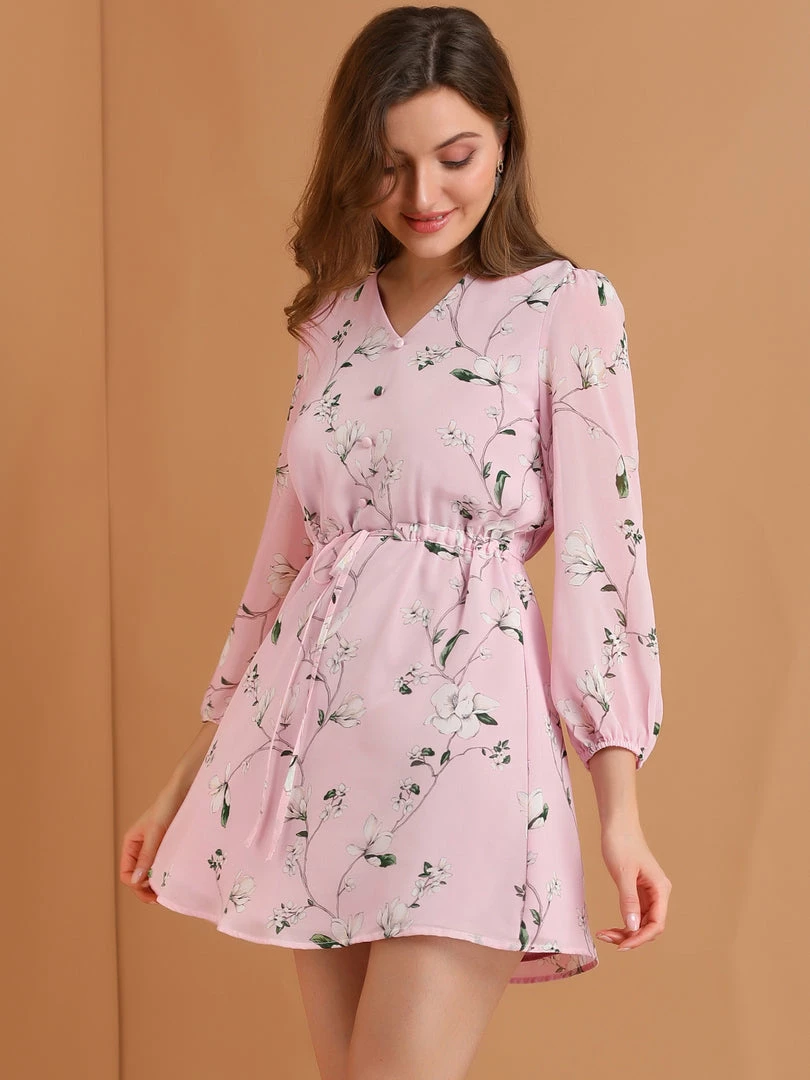 Allegra K Women's Floral A-line V Neck Puff Sleeves Flowy Chiffon Dress 5 Allegra K Women's Floral A-line V Neck Puff Sleeves Flowy Chiffon Dress