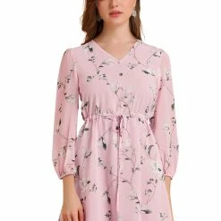 Allegra K Women's Floral A-line V Neck Puff Sleeves Flowy Chiffon Dress 12 Allegra K Women's Floral A-line V Neck Puff Sleeves Flowy Chiffon Dress