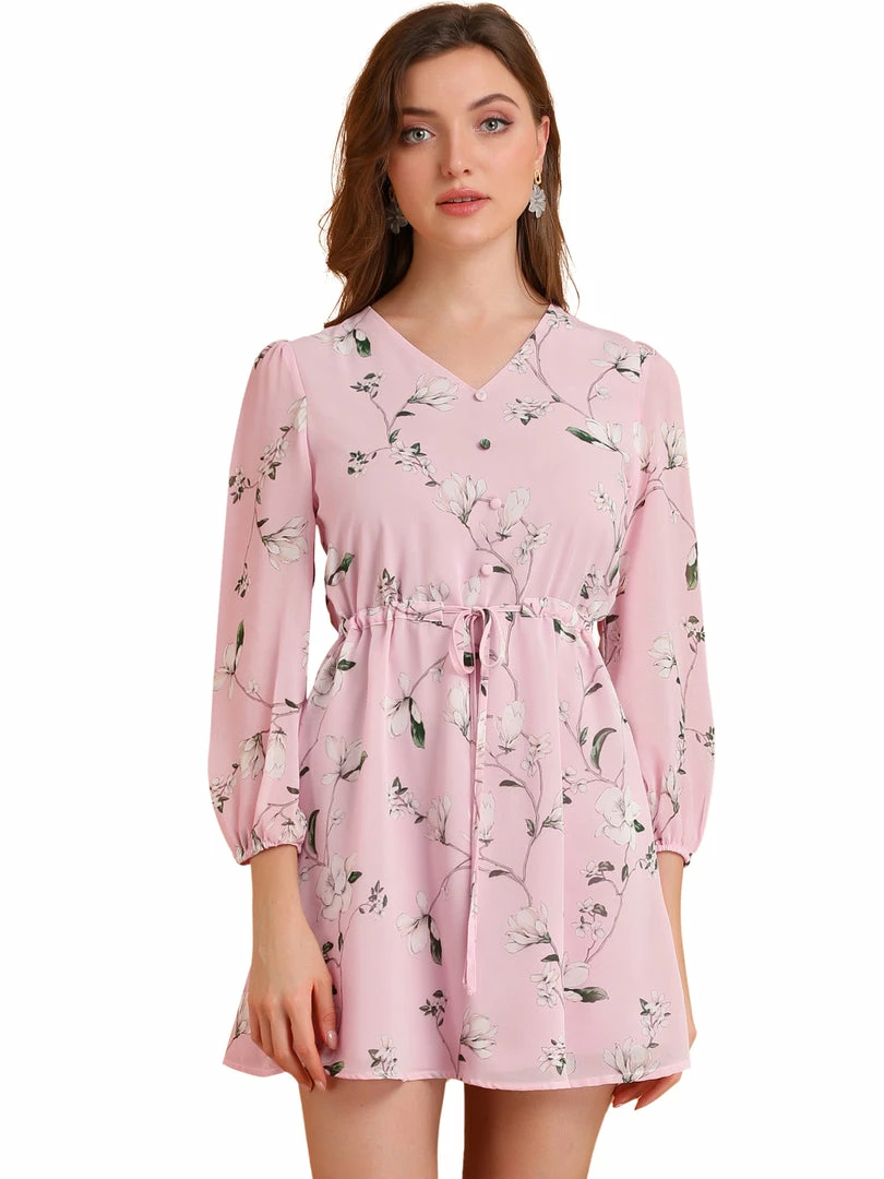 Allegra K Women's Floral A-line V Neck Puff Sleeves Flowy Chiffon Dress 6 Allegra K Women's Floral A-line V Neck Puff Sleeves Flowy Chiffon Dress