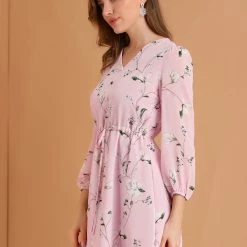 Allegra K Women's Floral A-line V Neck Puff Sleeves Flowy Chiffon Dress 13 Allegra K Women's Floral A-line V Neck Puff Sleeves Flowy Chiffon Dress