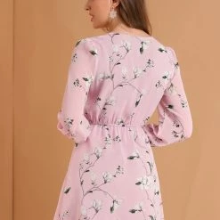 Allegra K Women's Floral A-line V Neck Puff Sleeves Flowy Chiffon Dress 14 Allegra K Women's Floral A-line V Neck Puff Sleeves Flowy Chiffon Dress