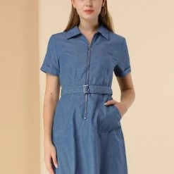 Allegra K Women's Casual Washed Cotton Slit Pocket Denim Dress With Belt 11 Allegra K Women's Casual Washed Cotton Slit Pocket Denim Dress With Belt