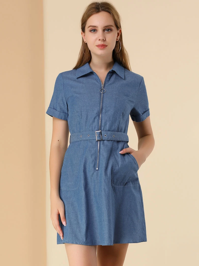 Allegra K Women's Casual Washed Cotton Slit Pocket Denim Dress With Belt 5 Allegra K Women's Casual Washed Cotton Slit Pocket Denim Dress With Belt