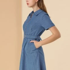 Allegra K Women's Casual Washed Cotton Slit Pocket Denim Dress With Belt 12 Allegra K Women's Casual Washed Cotton Slit Pocket Denim Dress With Belt