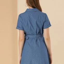 Allegra K Women's Casual Washed Cotton Slit Pocket Denim Dress With Belt 13 Allegra K Women's Casual Washed Cotton Slit Pocket Denim Dress With Belt