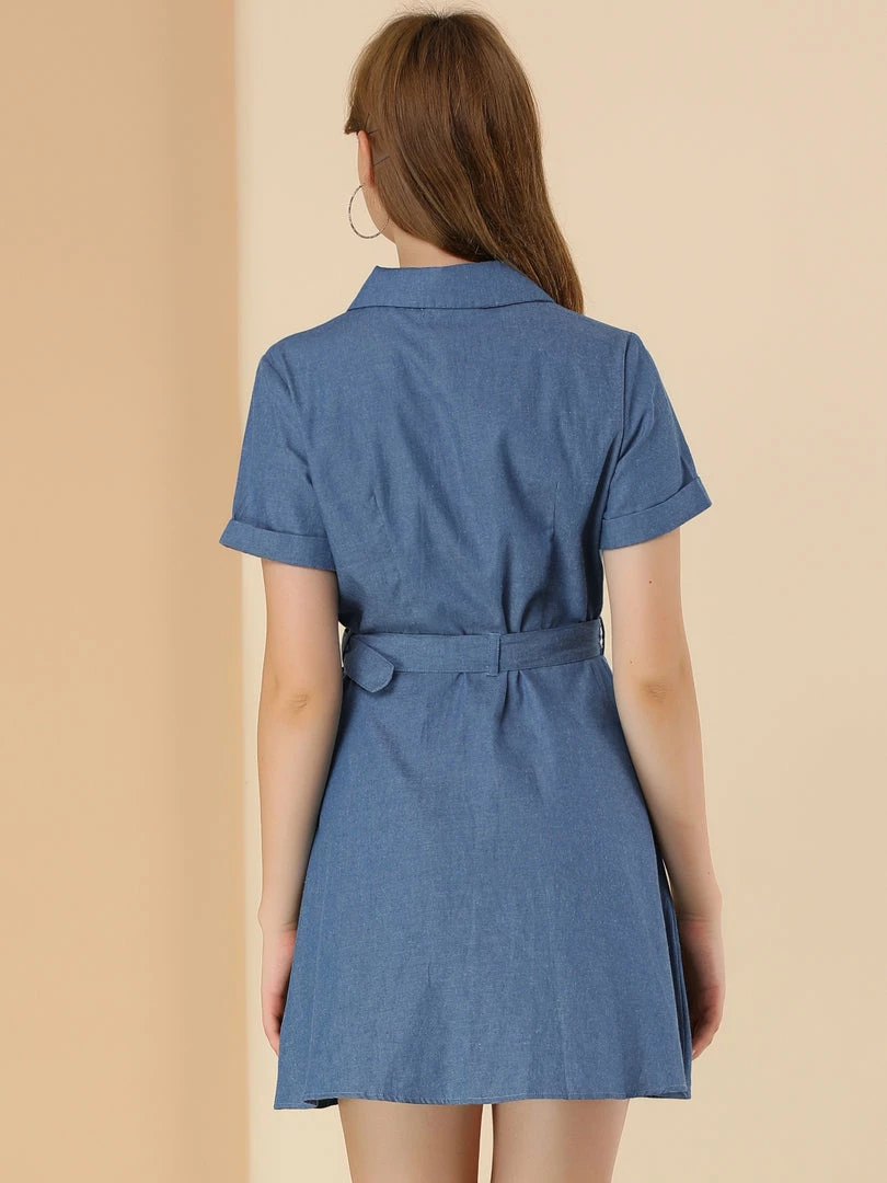 Allegra K Women's Casual Washed Cotton Slit Pocket Denim Dress With Belt 7 Allegra K Women's Casual Washed Cotton Slit Pocket Denim Dress With Belt