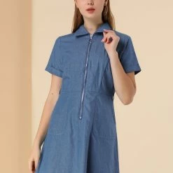 Allegra K Women's Casual Washed Cotton Slit Pocket Denim Dress With Belt 14 Allegra K Women's Casual Washed Cotton Slit Pocket Denim Dress With Belt