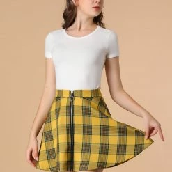 Allegra K Women's Tartan Plaid Zip Up High Waist A-Line Skater Skirt