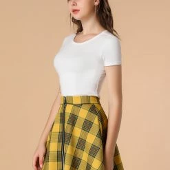 Allegra K Women's Tartan Plaid Zip Up High Waist A-Line Skater Skirt