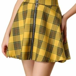 Allegra K Women's Tartan Plaid Zip Up High Waist A-Line Skater Skirt