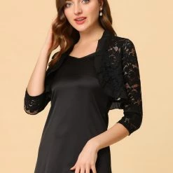 Allegra K Women's Elegant Ruffle Collar Crop Cardigan Sheer Floral Lace Shrug Top