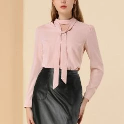 Allegra K Women's Bow Tie Choker Neck Work Offlce Puff Long Sleeve Elegant Blouse 11 Allegra K Women's Bow Tie Choker Neck Work Offlce Puff Long Sleeve Elegant Blouse