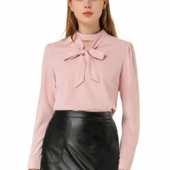 Allegra K Women's Bow Tie Choker Neck Work Offlce Puff Long Sleeve Elegant Blouse